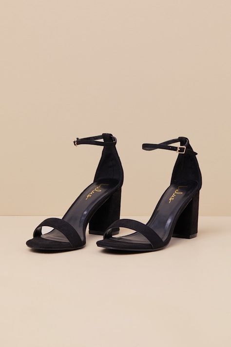 You're certain to step up your style essentials when you add the Lulus Arylee Black Suede Ankle Strap Heels to your closet! Soft faux suede shapes a single toe strap, an almond-shaped toe bed, and a wrapped block heel. A dainty ankle strap rises from the sturdy heel cup and secures with a gold buckle. 3" wrapped block heel. Cushioned insole. Felted rubber sole has nonskid markings. All Man Made Materials. Imported. Lulus | Arylee Black Suede Ankle Strap Heels | Size 11. Bridesmaids Shoes Black, Black Heels Block, Shoe Inspo Heels, Black Homecoming Heels, Heels For Black Dress, Thrift Heels, Heels Classy Elegant Black, Open Toe Heels Outfit, Black Heels Wedding