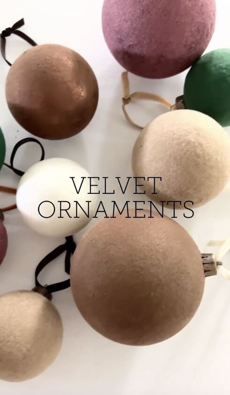 Diy Studio Mcgee Ornaments, Ribbon Wrapped Ornaments, Velvet Themed Christmas Tree, Velvet Holiday Decor, Velvet Baubles Diy, Diy Christmas Bulbs Decorating Ideas, Diy Moody Ornaments, Diy Matte Ornaments, Faux Velvet Ornaments