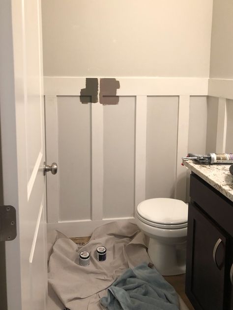 DIY Board and Batten Board And Batten Around Toilet, Half Bath Board And Batten, Board And Batten Small Bathroom, Bathroom Board And Batten With Hooks, Board And Batten Half Bath, Camper Projects, Batten Diy, Bathroom Measurements, Small Half Bath