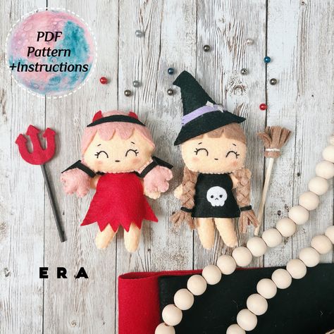 #Halloween #felt #doll #sewing #toy #pattern #cute #girl #diy #witch #devil Diy Felt Toys, Felt Toys Diy, Patterns Halloween, Devil Girl, Garland Decoration, Diy Felt, Felt Patterns, Diy Garland, Easy Sewing Patterns