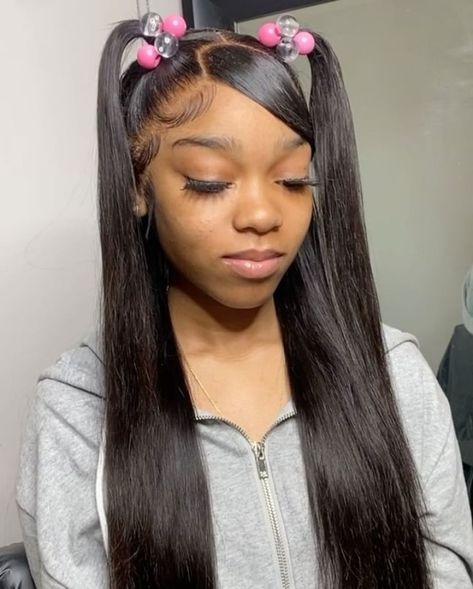 Lace Front Pigtails, Frontal Pigtail Hairstyles, Two Pigtails Half Up Half Down Swoop, Bratz Ponytail, Pigtales Hairstyles, Cute Barbie Hairstyles, Barbie Hairstyles, Wig Installs, Barbie Hairstyle