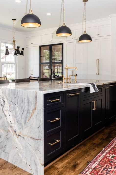 black kitchen island with waterfall edge White Kitchen Black Island, Black And White Modern Kitchen, Cast Iron Kitchen Sinks, Contemporary Kitchen Remodel, Bold Kitchen, Black Kitchen Island, Dream Kitchens Design, Black Kitchen Cabinets, Kitchen Island Design