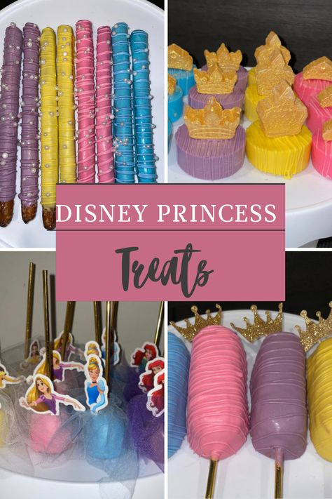 Princess Treats Ideas, Disney Princess Chocolate Covered Pretzels, Princess Rice Crispy Treats, Princess Chocolate Covered Oreos, Disney Princess Pretzel Rods, Disney Princess Birthday Treats, Disney Princess Chocolate Covered Oreos, Disney Princess Party Treats, Princess Pretzel Rods