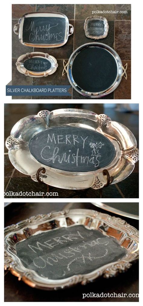 Upcycle old, worn or ruined silver platters in to chalkboards Upcycle Chair, Merry Chistmas, Polka Dot Chair, Silver Platters, Homemade Home Decor, Silver Trays, Silver Decor, Smart Ideas, Upcycled Home Decor