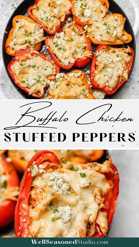 Shredded Chicken Stuffed Bell Peppers, Buffalo Stuffed Bell Peppers, Bell Pepper Stuffed Chicken, Buffalo Bell Peppers, Stuffed Chicken Bell Peppers Recipe, Shredded Chicken Peppers, Chicken Stuffed Bell Pepper Recipes, Stuffed Pepper With Chicken, Stuffed Peppers Recipe Chicken