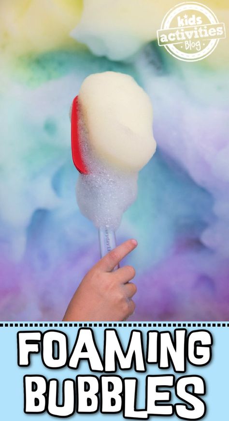 Text: Foaming bubbles - Kids Activities Blog - rainbow colored bubble foam being played with by a child's hand. Sensory Experiences For Preschoolers, Bubble Party Games, Bubble Crafts For Toddlers, Bubble Foam For Toddlers, Bubble Activities Preschool, Bubble Activities For Kids, Infant Sensory, Bubble Station, Bubble Crafts