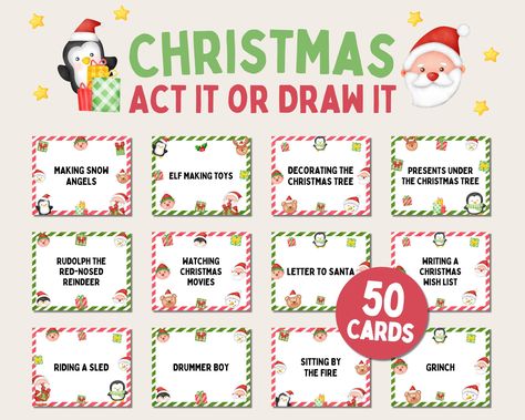 50 Christmas Charades Ideas for Kids! Fun Christmas Activity for Family! This printable Christmas party game includes 50 act it or draw it cards to play both charades and pictionary! Perfect holiday game for Christmas classroom parties, holiday office parties, or family game night! ⭐ Includes: - Christmas Act It or Draw It Game - 50 Cards - 9 page PDF format 💭 How to Use: 1. Instant download after purchasing 2. Print files out at home or professionally print 3. Have fun! ✨ Get the whole bundle! ✨ https://paperjamprintable.etsy.com/listing/1339366948/20-christmas-games-bundle-family 💬 Where's my file? Within minutes of your order and payment, an e-mail will be sent to the address you have associated with your Etsy account with a link for your download.   You can also find the link through Christmas Charades Ideas, Christmas Charades Printable Free, Charades Ideas For Adults, Christmas Charades For Kids, Charades Ideas, Office Christmas Party Games, Christmas Pictionary, Charades For Kids, Christmas Party Games For Kids