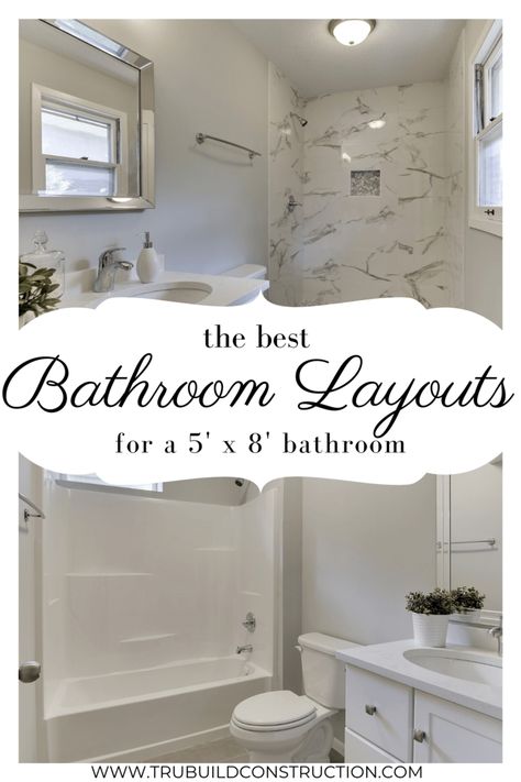 5x8 Bathroom Layout, 5x8 Bathroom, Master Bath Layout, Bathroom Layout Ideas, Small Full Bathroom, Small Bathroom Layout, Small Bathroom With Shower, Bathroom Addition, Bathroom Layouts