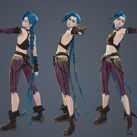 Jinx Reference Sheet, Jinx League Of Legends Game, Arcane Full Body Reference, Dynamic Poses Art Reference, Arcane Reference Sheet, Arcane Costume Design, Jinx Arcane Full Body Reference, Jinx Body Type, Vi Arcane Full Body Image