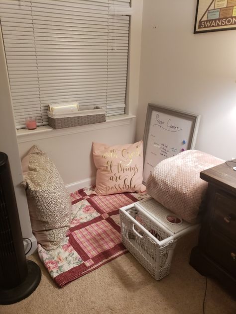 Prayer Corner Prayer Corner Ideas, Prayer Closet Ideas Spaces, Prayer Corner Ideas Bedrooms, Prayer Closet Ideas, Meditation Space Ideas, Muslim Prayer Room Ideas, Prayer Room Ideas, Corner Ideas, Prayer Closet