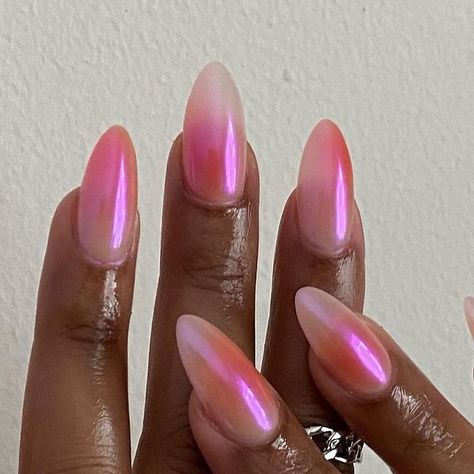 @nailzzbysteph on Instagram: "summer aura + chrome 🌅  @apresnailofficial natural medium almond" Aura Nails With Rhinestones, Chrome Airbrush Nails, Pink Orange Red Nails, Pink Nails Aura, Soft Pink Chrome Nails, Simple Nail Designs Almond, Gradient Chrome Nails, Sunset Chrome Nails, Summer Aura Nails