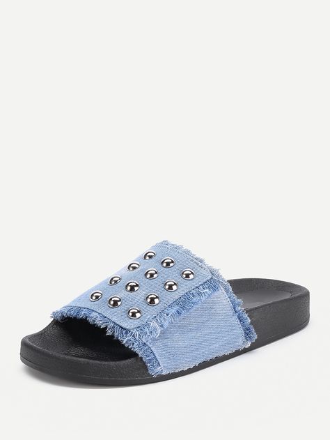 Shop Studded Denim Slip On Sandals online. SheIn offers Studded Denim Slip On Sandals & more to fit your fashionable needs. Bag From Old Jeans, Denim Slides, Diy Sandals, Denim Sandals, Pretty Sandals, Studded Denim, Home Slippers, Fresh Shoes, Denim Crafts