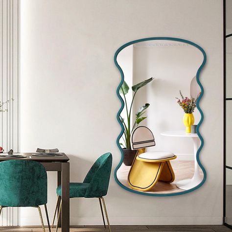 PRICES MAY VARY. 【✦Wall Mirror Detail】Full Body Mirror Size: 23" x 40"/58 x 105CM, made of HD Mirror and MDF paneling with water-resistant finish. The backboard and frame are integrated, made this decorative wall mirror more sturdy. 【✬Unique Design】Rectangle mirror is all-match for many room type. The irregular wavy frame make this wall mirror more unique. And a peacock blue mirror maybe the one you are looking for, that a perfect omplement to the crazy, colorful theme and fantastic styles. 【✿Ve Crazy Mirror, Wavy Mirror Decor, Mirrors For Bedroom, Large Bathroom Mirror, Wavy Frame, Mirror Detail, Living Room Colorful, Wood Frame Mirror, Large Bathroom Mirrors