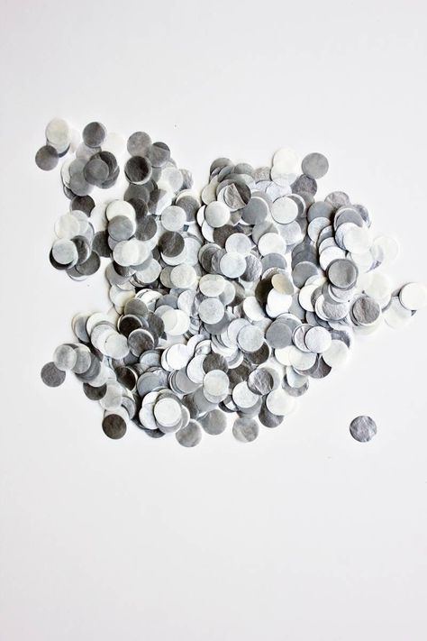 Gorgeous shimmery silver, grey and white tissue paper confetti.  A wonderful accent for a wedding, baby shower, bridal shower or birthday.  We have a ton of coordinating silver party supplies in the EnFete shop.  Make your own confetti balloons using this confetti!  Colors: Silver, White, Gray Made of biodegradable tissue paper. One 0.5 oz package contains approximately 400 pieces of 3/4 inch round confetti. Confetti is made and packaged by The Flair Exchange in the USA. Subscribe for updates, p Silver Disco Party, Tissue Paper Decorations, Silver Confetti, Transparent Balloons, Custom Confetti, Party Setup, Paper Confetti, Silver Party, Happy Birthday Balloons