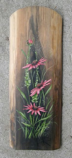 Pracownia Iwony Wood Plank Painting Ideas, Rustic Painting Ideas, Barnwood Paintings, Painting Flowers On Wood, Painted Flowers On Wood, Flower Painting On Wood, Painted Pallet Art, Barn Wood Art, Wood Plank Art