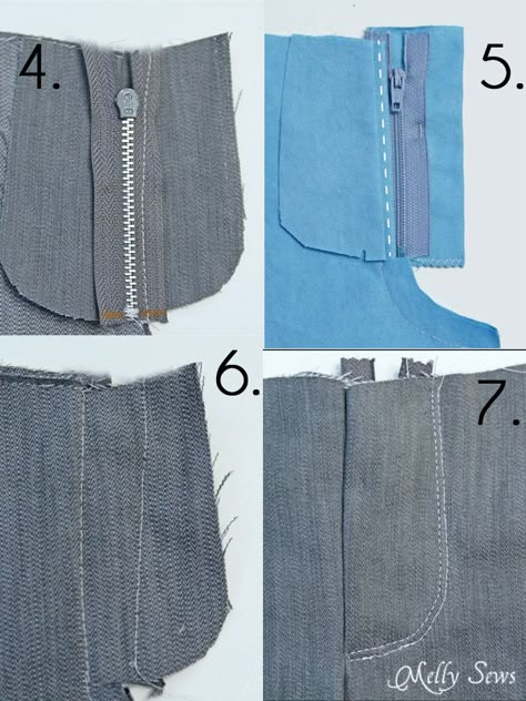 How to Sew a Zipper Fly 1.Finish raw edges 2.Sew Center Seam 3.Sew right (as opposed to left) side of zipper 4.Sew Fly Shield 5.Sew Left Side of Zipper 6.Sew Topstitching 7.Remove Basting Stitches Zipper Sewing, Tips Menjahit, Projek Menjahit, Sew Zipper, Sewing Pants, Sew Ins, Diy Vetement, Techniques Couture, Couture Mode