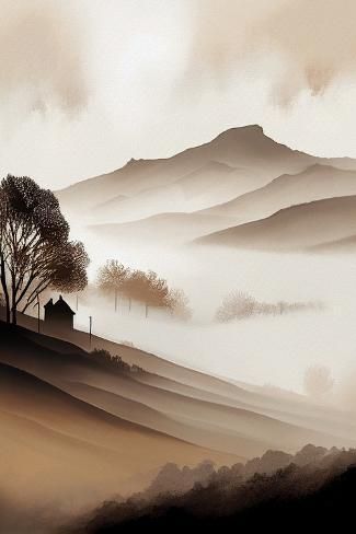 size: 18x12in Art Print: Misty Landscape II by Lana Kristiansen : Sepia Landscape Painting, Misty Landscape Photography, Misty Landscape, Watercolour Landscapes, Beautiful Landscape Paintings, Birch Tree Art, Chinese Landscape Painting, Dreamy Landscapes, Watercolour Inspiration