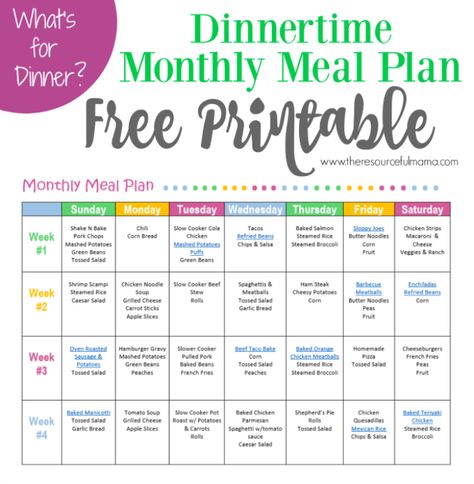 Free printable dinnertime monthly meal plan. Meal Plan For Dinner, Meal Plan For Family, Monthly Meal Plan, Monthly Menu, For Dinner, Monthly Meal Planner, Breakfast Low Carb, Show Da Luna, Monthly Meal Planning