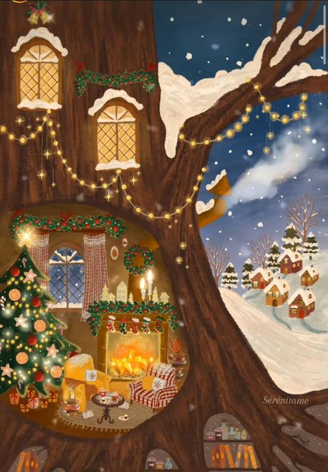 Oh to live here 🤎 Artist: sérénitame on ig Cozy Autumn Illustration Art, Cosy Christmas Wallpaper, Christmas Wallpaper Home Screen, Cozy Christmas Illustration, Cosy Wallpaper, Knitting Cartoon, Christmas Lodge, Snowy Scene, Japan Illustration