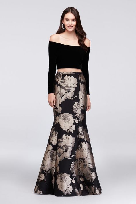 Velvet Crop Top and Brocade Mermaid Skirt Set - Black / Gold, 12 Tired Skirt, Crop Top Lehenga, Red Bridal Dress, Brocade Skirt, Xscape Dresses, Stylish Crop Top, Velvet Crop Top, Trendy Skirts, Designer Evening Dresses