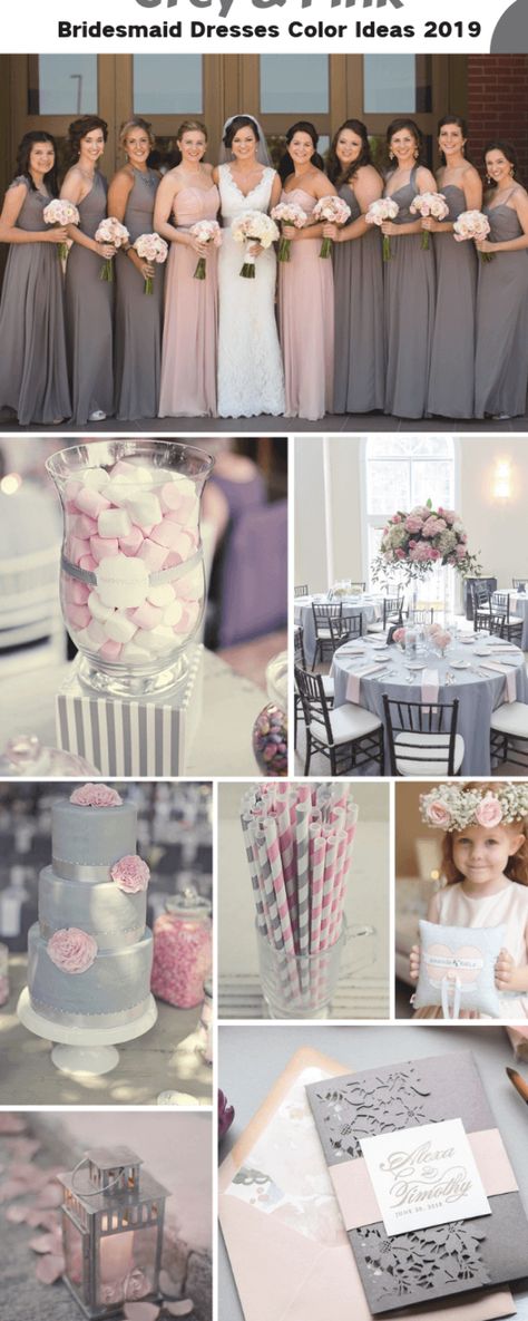 Grey Table Cloth, Grey Wedding Cake, Bridesmaid Dresses Mismatched, Pink Grey Wedding, Wedding Table Toppers, Gray Wedding Cake, Grey Wedding Theme, Pink Napkins, Wedding Color Ideas