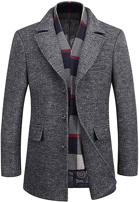 WULFUL Men's Wool Trench Coat Winter Slim Fit Pea Coat with Free Removable Plaid Scarf at Amazon Men’s Clothing store Winter Pea Coat, Wool Jackets, Man's Overcoat, Gray Coat, Checkered Jacket, Winter Trench Coat, Wool Overcoat, Trench Coat Men, Wool Trench Coat