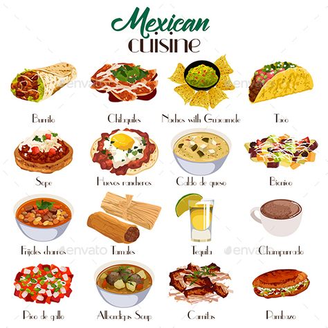 A vector illustration of Mexican cuisine icon sets Mexican Food Plate, Mexican Plates Food, Mexican Food Illustration, Mexican Food Drawing, Mexican Food Art, Mexican Restaurant Food, Mexican Cuisine Recipes, Mexican Food Menu, Cultural Foods