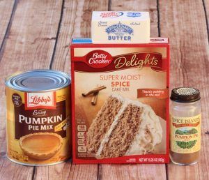 easy-pumpkin-spice-dump-cake-1 box Betty Crocker Spice Cake MixButter {1 stick, ½ cup or 8 tbsp.}, melted1 can Libby’s Pumpkin Pie Mix {30 oz.} – must be the pie mix, not the 100% pure pumpkin1 tsp. Pumpkin Pie Spice Instructions Preheat oven to 350 degrees.Spray 9x13 baking dish with nonstick cooking spray.Evenly spread out Pumpkin Pie Mix in baking dish.In medium mixing bowl, combine dry Spice Cake Mix, Pumpkin Pie Spice, and melted Butter, and stir until crumbly. {break up any large chunks Cake Mix Pumpkin Cupcakes, Pumpkin Spice Dump Cake, Spice Dump Cake, Cake Mix Pumpkin, Moist Spice Cake, Pumpkin Dump Cake Recipe, Spice Cake Mix And Pumpkin, Spiced Cookies, Pumpkin Cobbler