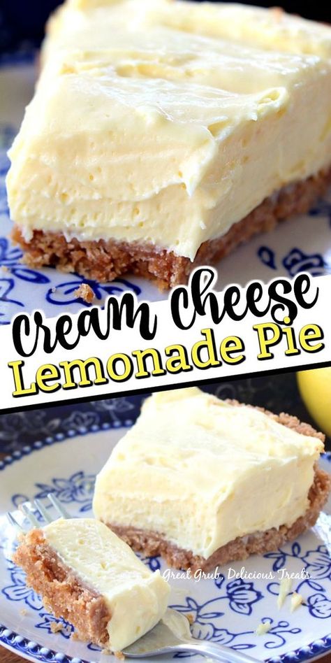 Cream Cheese Lemonade Pie is a deliciously lemony, tart, no bake, pie that is so easy to make and super delicious. #creamcheeselemonadepie #nobakelemonpie #lemondesserts #nobakepie #greatgrubdelicioustreats Cream Cheese Lemonade Pie, Lemonade Pie, Lemon Dessert Recipes, Torte Cupcake, Munnar, Delicious Pies, Lemon Desserts, Rigatoni, Pie Dessert