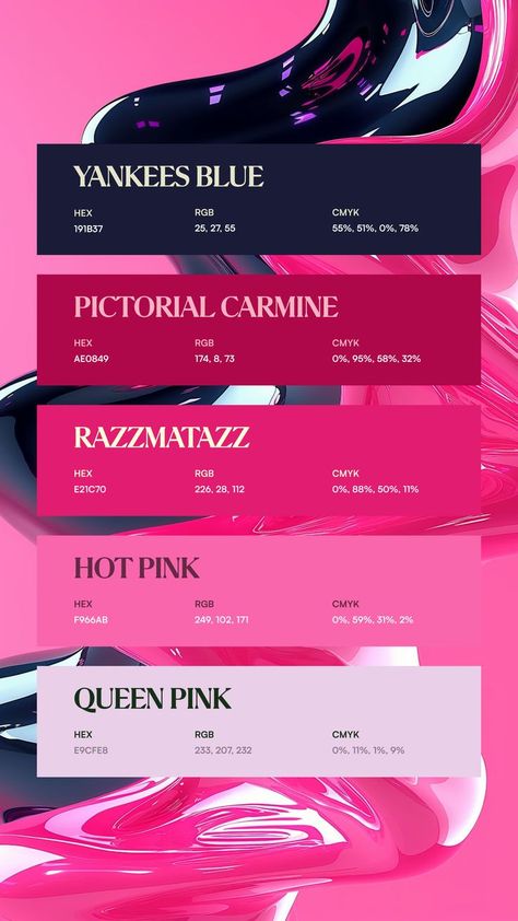 Colors:
191B37
AE0849
E21C70
F966AB
E9CFE8 Free Canva Templates, Flat Color Palette, Aesthetic Post, Explore Aesthetic, Pantone Colour Palettes, Color Design Inspiration, Hex Color Palette, Color Palette Challenge, Color Schemes Colour Palettes