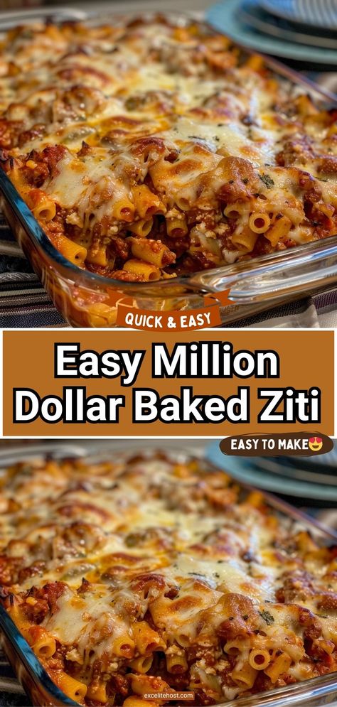 Classic Italian comfort food, Million Dollar Baked Ziti, recipe similar to lasagna & effortless to make. Great family weeknight dinner. Best Baked Ziti Recipe, Easy Baked Ziti, Ziti Recipes, Baked Ziti Recipe, Baked Pasta Recipes, Favorite Recipes Dinner, Beef Casserole Recipes, Pasta Dinners, Pasta Dinner Recipes