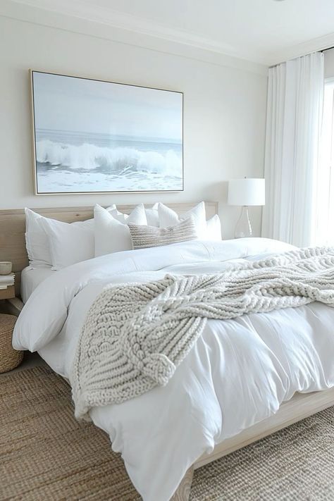 Coastal Cowgirl Aesthetic House, White And Blue Coastal Bedroom, Bedroom Inspirations Basement, Minimalist House Design Interior Bedroom, Coastal Gray Bedroom, Primary Bedroom Coastal, Coastal Bed Rooms, Beachy Modern Bedroom, Aesthetic Clean Bedroom