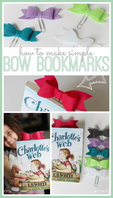 how to make simple bow bookmarks - - love these!! Bow Bookmark, Books And Crafts, Simple Bow, Charlotte's Web, Diy Bookmarks, Bee Crafts, Cheer Team, Paper Clips, Diy Bow