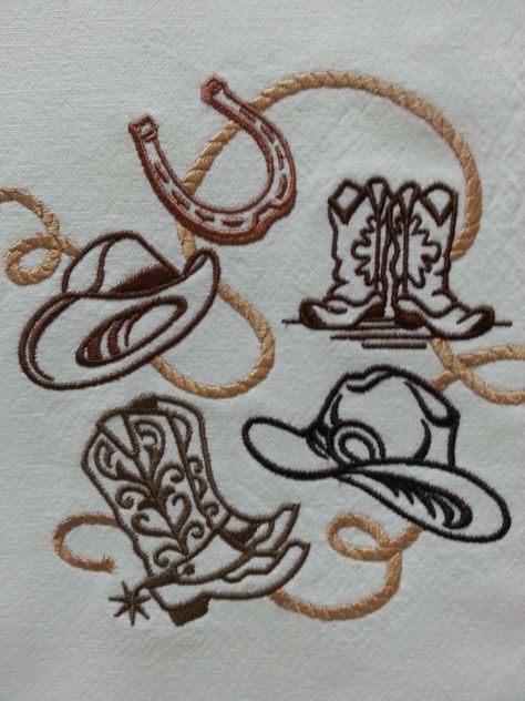 "This design includes boots, hats, rope, and a horseshoe. The towel is white with a brown gingham border. The towel is made from 100% cotton. It has been washed and pre-shrunk before being embroidered to prevent puckering when washed. It measures approximately 18\" x 28\". This item was made in a smoke/pet free home. Design by Embroidery Library" Horseshoe Embroidery Design, Rodeo Embroidery Designs, Horse Shoe Embroidery, Cowboy Boot Embroidery Pattern, Cowboy Boots Embroidery, Western Embroidery Patterns, Cowboy Embroidery Designs, Cowboy Boot Embroidery, Southern Embroidery