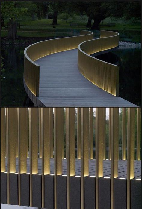 Minimalist Lighted Slat Bridge Railing Outdoor Bridges, Bridges Architecture, Walkway Lighting, Outdoor Lighting Design, Handrail Design, Diy Outdoor Lighting, John Pawson, Lan Can, Industrial Light Fixtures