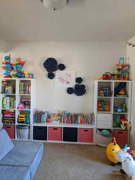 Real Life Toy Storage Ideas for Toddler Toys Toy Storage Ideas For Playroom, Outside Toys Storage Ideas, Storage Ideas For Playroom, Toy Storage Kids Bedroom, Toy Storage For Kids Bedroom, Basement Toy Storage Ideas, Book And Toy Storage Ideas, Stuff Toys Storage Ideas, Kids Toy Storage In Living Room