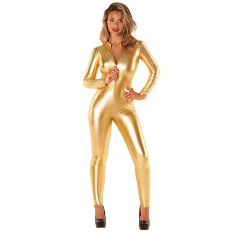 PRICES MAY VARY. This product comes as one fitted metallic bodysuit with front zip This metallic bodysuit comes in 4 sizes: S, M, L and XL. Please refer to the size guide for more information and find your perfect fit. The size guide can be found in the image section. High quality gold metallic jumpsuit for women that will make you look like a popstar ready for stage! The costume has stretchy fabric for comfort and ease of wear as well as an adjustable front zipper. Founded in 2009 by 3 friends Metallic Bodysuit Outfit, Metallic Clothing, Metallic Catsuit, Red Catsuit, Metallic Jumpsuit, Gold Bodysuit, Cat Suit, Gold Jumpsuit, Metallic Bodysuit