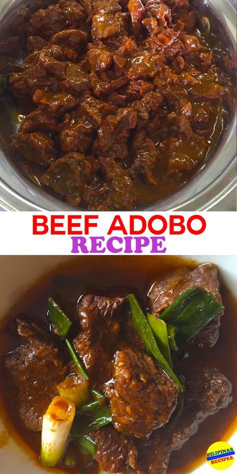 Adobo in Spanish word “adobar” means to marinade, sauce or seasoning before cooking. It is a Filipino national dish of Pork or Chicken and Beef stewed in vinegar. Beef Adobo, Filipino Beef Stew, Phillipino Food, Chicken And Beef, Adobo Recipe, Marinade Sauce, National Dish, Think Food, Top Recipes