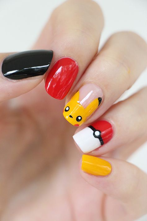 Nails - Nagel Pokemon Nail Art, Pikachu Nails, Birthday Nail Art, Sns Nails Colors, Kids Nail Designs, Nail Art For Kids, Yellow Nails Design, Anime Nails, Nails For Kids