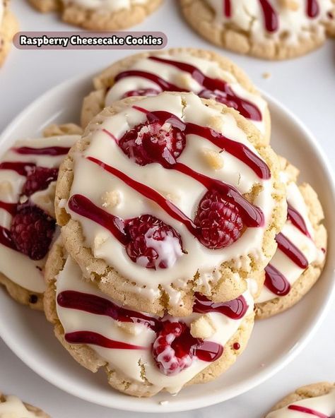 Olivia Recipes Fruit Cookie Recipes, Strawberry Jam Cookies, Raspberry Drizzle, Raspberry Cheesecake Cookies, Cheesecake Cookies Recipes, Fruit Cookie, Cheesecake Cookie, Graham Cookies, Raspberry Desserts