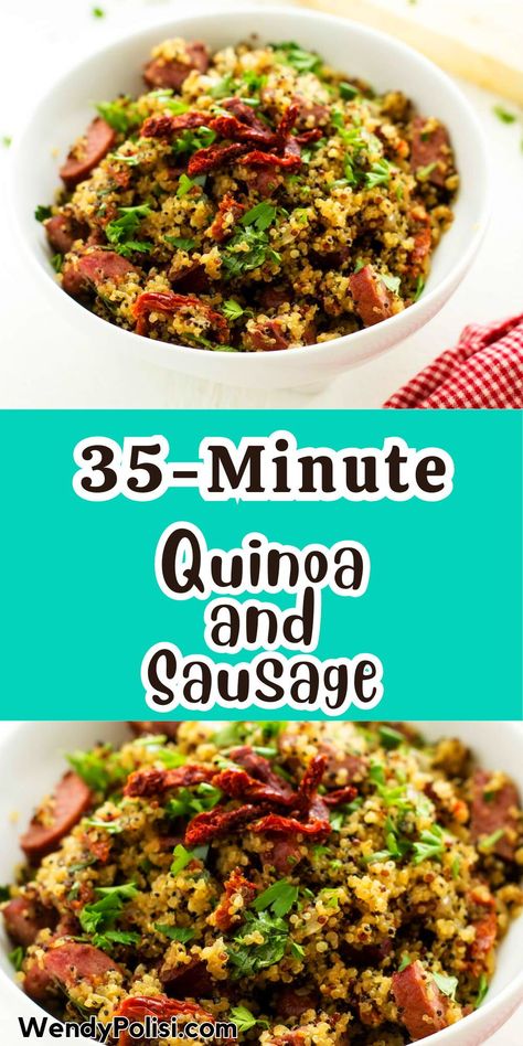 Quinoa and Sausage is an easy dinner that you can easily tackle any night of the week. Quinoa gets an unexpected boost of flavor from onion, sun-dried tomatoes, and garlic when it is all cooked together in a flavorful broth. This simple recipe is sure to gain a spot in your dinnertime rotation. Quinoa Sausage Recipes, Quinoa Recipes Dinner, Quinoa Recipes Easy, Quick Pasta Dishes, Quinoa Pasta, Easy Quinoa, Kielbasa Recipes, Chicken Apple Sausage, Quinoa Healthy