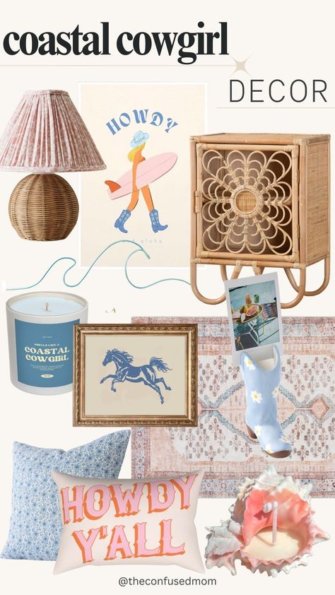 coastal cowgirl, coastal cowgirl decor, coastal cowgirl aesthetic, coastal cowgirl bedroom, coastal cowgirl room, coastal bedrooms, beachy bedroom, coastal room, pink aesthetic, cowgirl aesthetic, blue aesthetic, boho western, beach house decor, modern beach house, beach house interior, beachy room decor, beachy room inspo, blue aesthetic, side table, rattan, wall decor, girls room, rug, cowgirl boot decor, coastal lamp, coastal throw pillows, cowgirl throw pillows Coastal Cowboy Dorm Room, Fun Coastal Bedroom, Coastal Cowboy Room Decor, Coastal Western Home, Coastal Cowgirl Mood Board, Cowgirl Coastal Aesthetic, Coastal Cowgirl Christmas, Coastal Cowgirl Room Ideas, Costal Girl Room