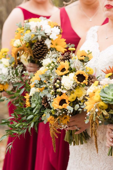 Fargo, ND Wedding | Wedding details, bridal details, sunflower wedding bouquets, fall wedding flowers, pine cone wedding flowers | Wedding Photographer Wedding Bouquets Fall, Wedding Ceremony Indoor, Pine Cone Wedding, Golden Field, Sunflower Wedding Bouquet, Bridal Details, Indoor Reception, Fall Wedding Flowers, Wedding Flower Inspiration