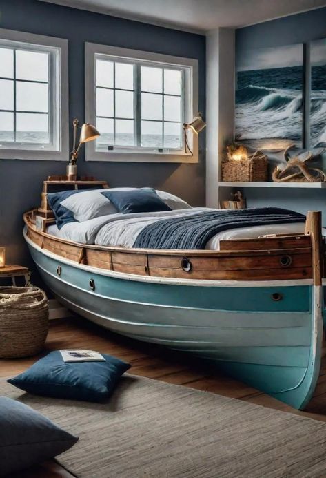 43 Relaxing Coastal Bedrooms for Breezy Retreats 38 Rustic House Decor Ideas, Rustic House Decor, Beach House Decorating Ideas, Beach House Decorating, Boat Bed, House Decor Ideas, House Decorating Ideas, Bedroom Coastal, Nautical Room