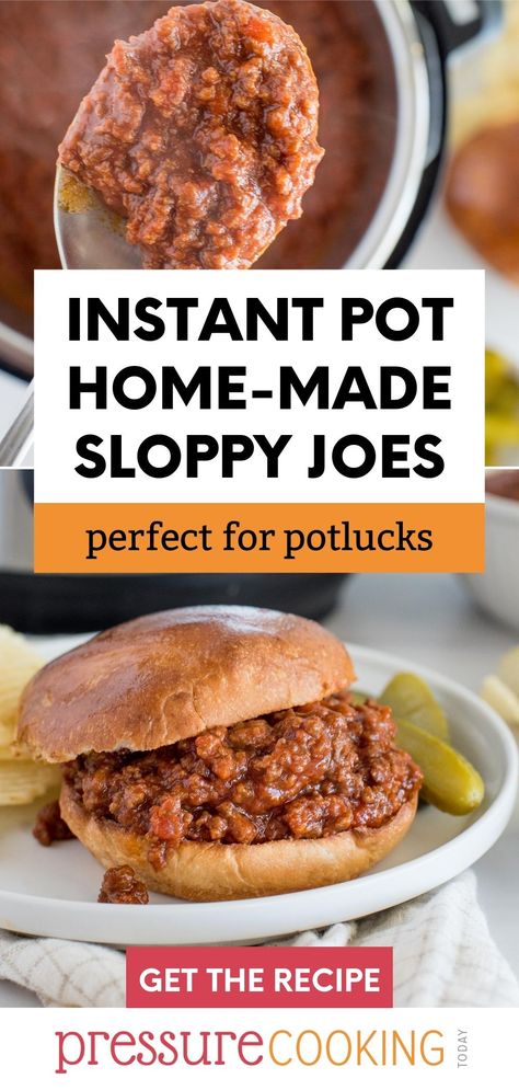 A picture collage with a prepared sloppy Joe with pickles and chips in the background on the bottom, and the sloppy Joe filling cooked in the Instant Pot on top. via @PressureCook2da Instant Pot Sloppy Joes, Crockpot Express, Homemade Sloppy Joes, Sloppy Joes Recipe, Honey Bbq, Best Instant Pot Recipe, Pot Luck, Sloppy Joe, Instant Pot Dinner Recipes