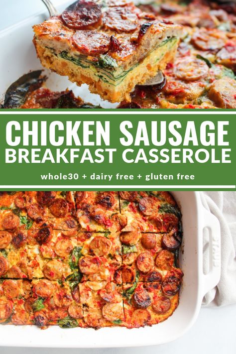 Chicken Sausage Breakfast, Paleo Breakfast Casserole, Sausage Breakfast Casserole, Delicious Breakfast Casserole, Whole 30 Breakfast, Sausage Casserole, Breakfast Casserole Sausage, Recipe 30, Paleo Breakfast