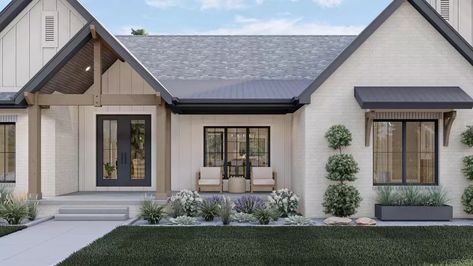 This modern farmhouse plan gives you one-story living wrapped in an attractive exterior. Enjoy 4 beds, 4 baths and 2,553 square feet of heated living plus 511 square feet of bonus expansion above the 2-car 592 square foot garage. The dining room is set off from the foyer by columns and a tray ceiling. The great room also has a tray ceiling and has sliding doors that open to the covered patio in back. Three bedrooms line the left side of the home - two share a Jack and Jill bath and the third has Modern Farmhouse Flooring, Black Homes, Room Decor Easy, Modern Farmhouse Living Room Decor, Modern Farmhouse Lighting, Decor Modern Farmhouse, Farmhouse Living Room Decor, Modern Farmhouse Bedroom, Modern Farmhouse Living