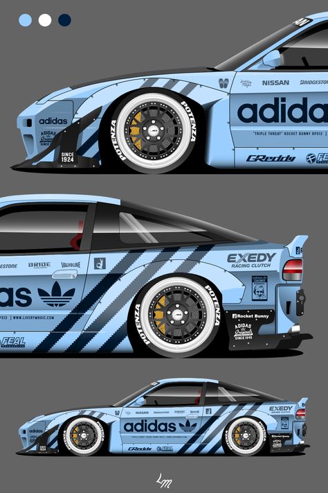 Inspired by an Adidas shoebox, I used the original serrated stripes and various Adidas subsidiaries as minor sponsors to make this one possible. 

I also kept the Livery itself very, very clean, crisp and uncluttered. Designed by Livery Magic for the Nissan Silvia S13. Nfs Unbound, Livery Car, Rolls Royce Car, Most Luxurious Car, Nissan Silvia S13, Car Stripes, Livery Design, Silvia S13, Bug Car