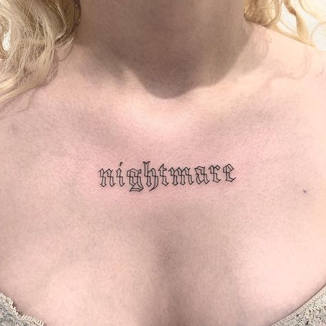 Nightmare by @ellepleure Word Tattoo Designs, Gothic Writing, Tattoo Fonts Cursive, Gothic Lettering, Word Tattoo, Writing Tattoos, Forearm Tattoo Women, Spooky Tattoos, Gothic Tattoo