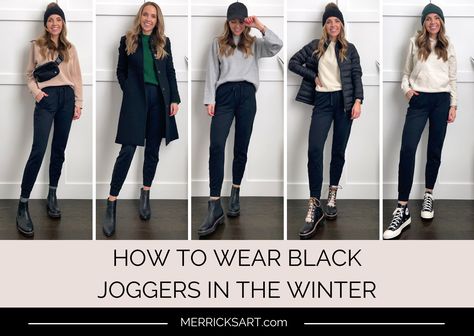 Cream Joggers Outfit Winter, Joggers In Winter How To Wear, How To Style Joggers For Women Winter, Black Jogger Pants Outfit Winter, Black Jogger Winter Outfit, Jogger Pants Winter Outfit, Outfits With Joggers Women Winter, Jogger Pants And Boots Outfit, Black Sweat Pants Outfit Winter